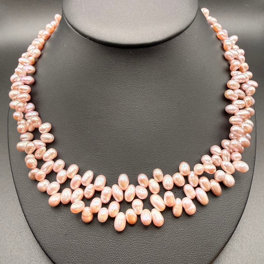Pink Freshwater Pearl Necklace Double Strand Top Drilled Sterling 925 Clasp 19"